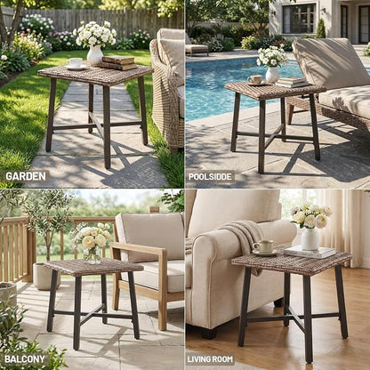 Loungewave Outdoor Side Tables for Patio, Small Wicker Patio Rattan Side Table, Outside End Table for Backyard, Porch, Pool, Weather Resistant & Easy Maintenance (Brown)