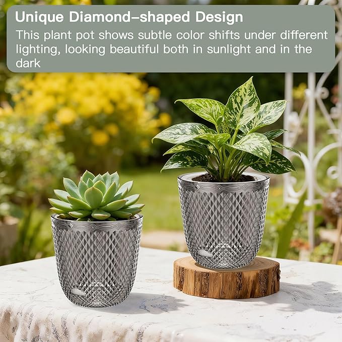 QCQHDU 2 Pack Self Watering Pots, 5.7 Inch Flower Pots with Drainage Holes and Water Filling Port, Plastic Garden Planter for Indoor Outdoor Plants (Gray)