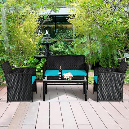 COSTWAY 4 Pieces Patio Rattan Furniture Set, Outdoor Wicker Conversation Set with Soft Cushions & Tempered Glass Coffee Table, Cushioned Chair Sofa for Backyard, Porch, Lawn, Garden, Turquoise