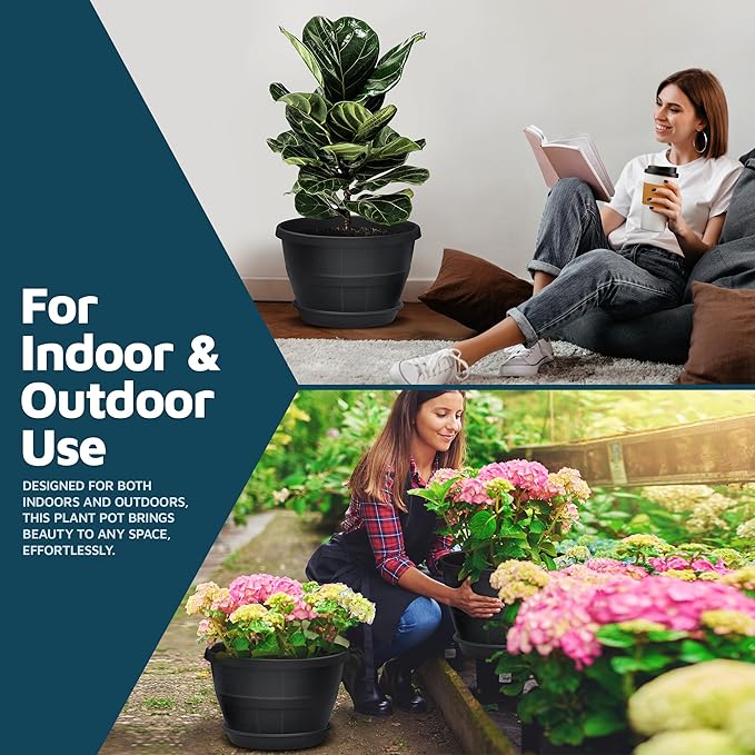 10-Inch Whiskey Barrel Planters Outdoor Pack of 25 - Durable Plastic Plant Pots for Indoor & Outdoor Use with Drainage & Saucer, Lightweight Rustic Barrel Planters for Flowers, Herbs & Small Plants