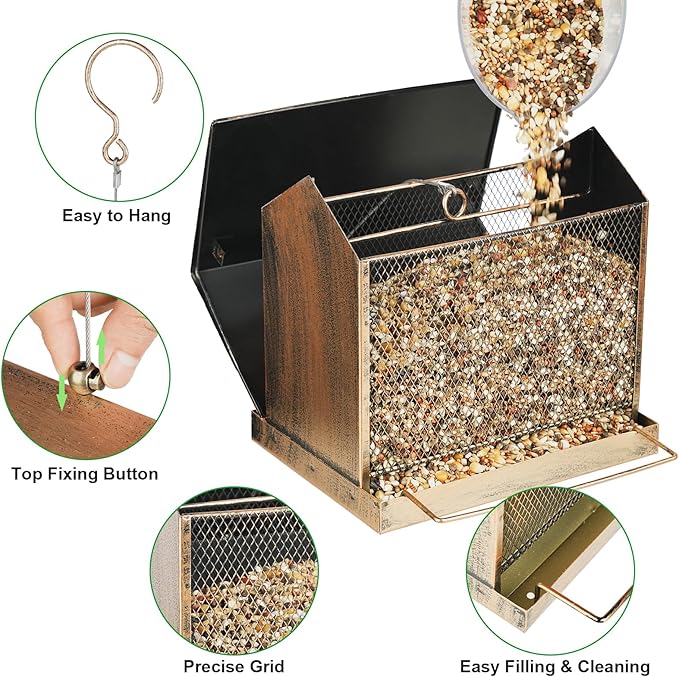Bird Feeder, Large Capacity Bird Feeders for Outdoor Hanging Hold 4 LB Seed, Heavy Duty Metal Wild Birdfeeder with 2 Perches, Sturdy & Easy to Refill
