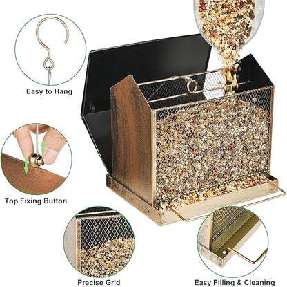 Bird Feeder, Large Capacity Bird Feeders for Outdoor Hanging Hold 4 LB Seed, Heavy Duty Metal Wild Birdfeeder with 2 Perches, Sturdy & Easy to Refill
