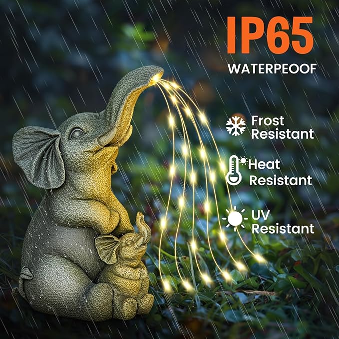 Solar Garden Outdoor Statue with 30 LED Lights - Lawn Decor Elephant Figurine for Patio, Balcony, Yard Ornament - Unique Housewarming Lucky Elephant Mother Gift