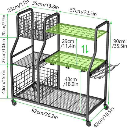 Garden Tool Organizer with 4 Wheels, Garden Tool Rack with 2 Storage Basket, 3 Tier Utility Garden Tool Storage with 12 Hooks for Garage/Yard/Shed/Garage/Basement/Lawn