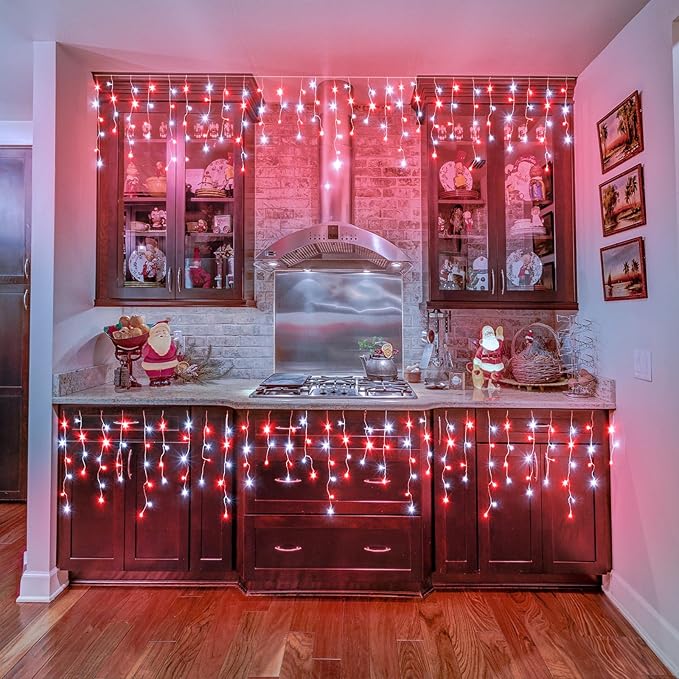 Icicle Christmas Lights Outdoor 33ft 400 LED Icicle Lights for Outside 8 Modes with 75 Drops, Waterproof Hanging Christmas Light Plug in for Indoor Outside Party Holiday Xmas Decorations, Red&White