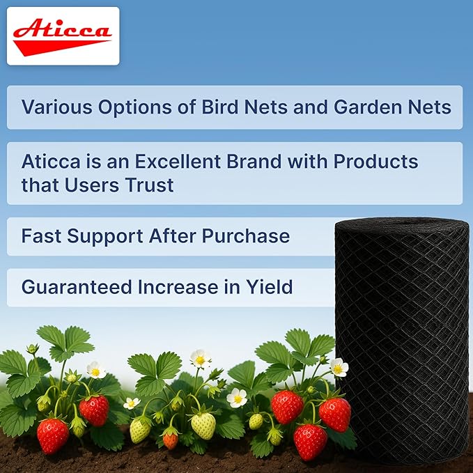 ATICCA Heavy Duty Bird Netting for Garden Protection & Fruit Trees, 7.5x100 Ft with 10 Stakes – Black Anti-Bird Net for Poultry, Deer, & Squirrel Protection, Durable Nylon Mesh for Garden and Yard Use