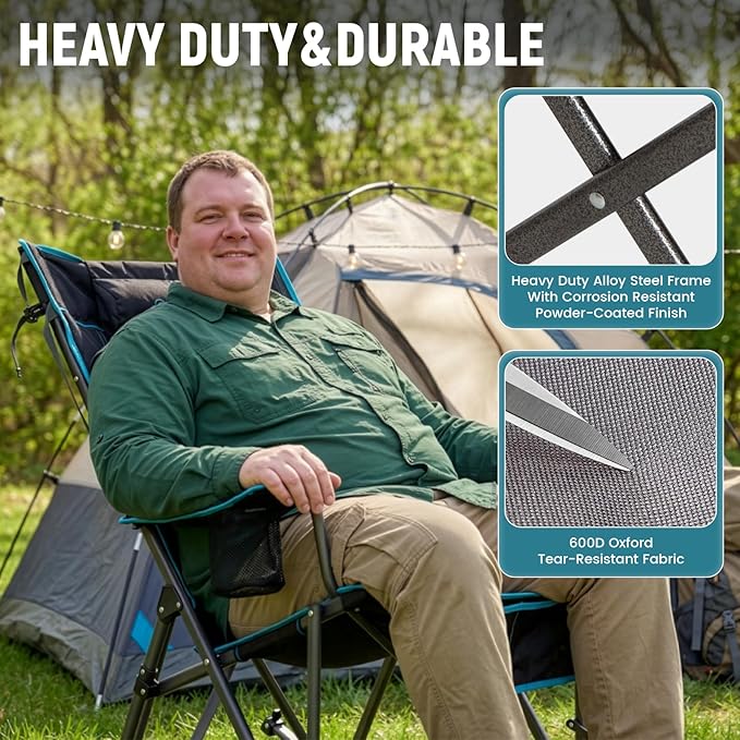 FUNDANGO Oversized Rocking Camping Chair for Adults, 2 Pack High Back Padded Folding Lawn Chairs with Pillows, Wide Armrest, 2 Cup Holders, Carry Bag for Patio Garden Outdoor Supports 440Lbs