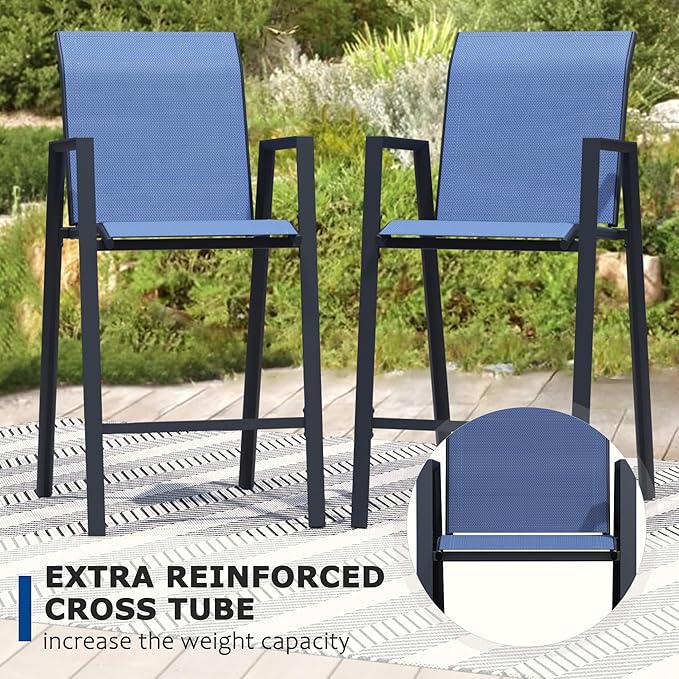 Outdoor Bar Stools Set of 6, 44'' Patio Bar Chairs with Textile High Back, Bar Height Chairs with Straight Armrest and Footrest, Blue