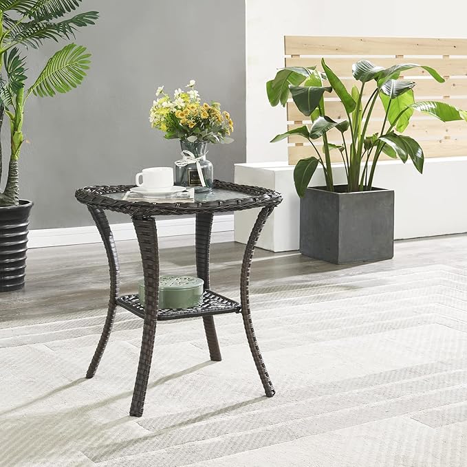 Patio Tables Wicker Side Table - Rattan End Table with Glass Top for Outdoor Outside Patio Porch Deck Square Brown