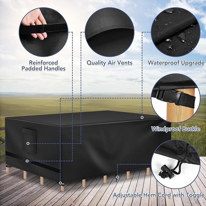 Richwon Patio Furniture Cover, Waterproof Rectangle Outdoor Table Cover, Heavy Duty Sectional Set Protection 108"L x 82"W x 28"H, Black