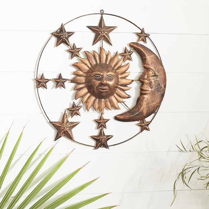 Deco 79 Metal Sun and Moon Home Wall Decor Indoor Outdoor Wall Sculpture with Stars, Wall Art 21" x 1" x 21", Bronze