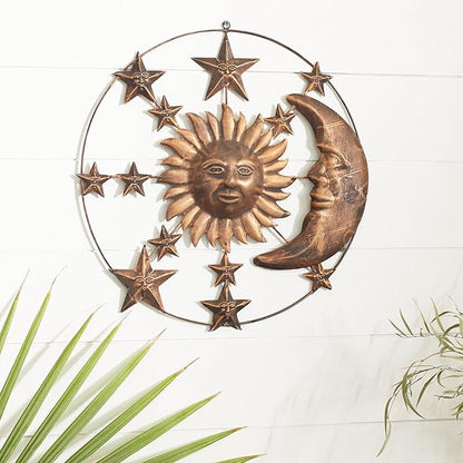 Deco 79 Metal Sun and Moon Home Wall Decor Indoor Outdoor Wall Sculpture with Stars, Wall Art 21" x 1" x 21", Bronze