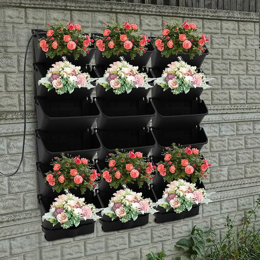 18 Pots Vertical Garden Planter, 6 Tiers Self-Watering Wall-Mounted Flower Pot Bags,Vertical Wall Planter w/Timer&18pcs Plant Pots, Hanging Planter Rack Balcony Planter for Herb (Black)
