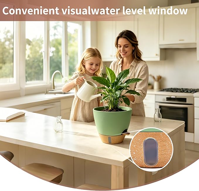 12"/10"/9"/8" Self Watering Pots with Visual Water Window,Extra Large Self Watering Plant Pots with Drainage Holes & Saucers,Green Planters for Indoor Plants,4-Pack