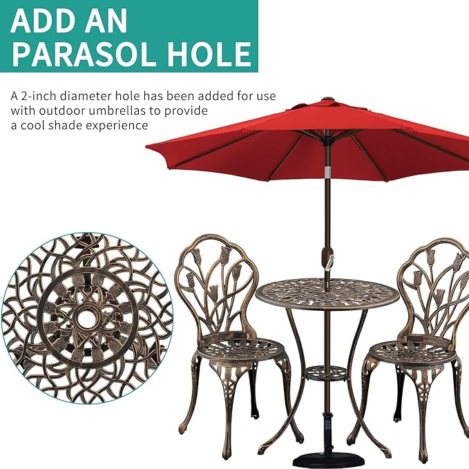 3-Piece Outdoor Bistro Set Cast Aluminum Patio bar Set with Umbrella Hole, Balcony, Backyard (Bronze, Tulip)