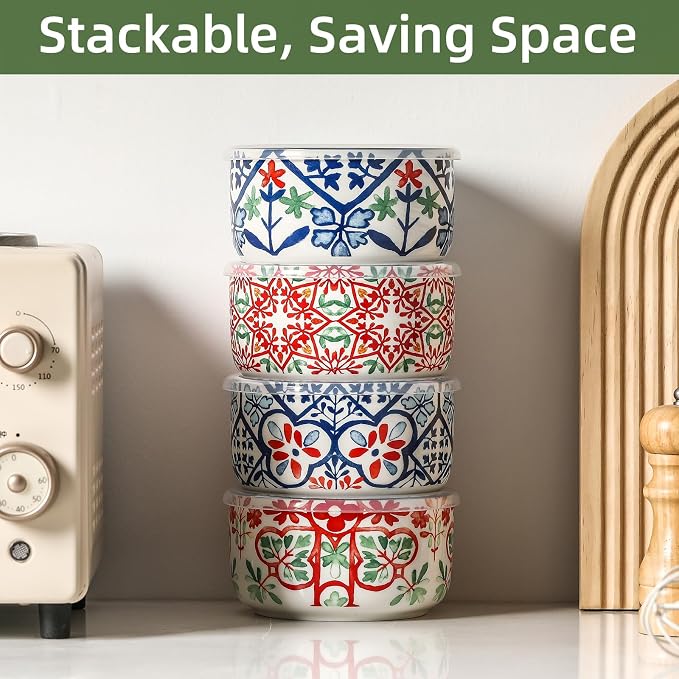 Ceramic Bowl with Lid, Microwave Safe, Set of 4 | Food Storage Containers for Soup, Meal Prep, Cereal, Salad Leftovers - Picnic, Camping, Office Lunch - 20 oz, A-Pattern