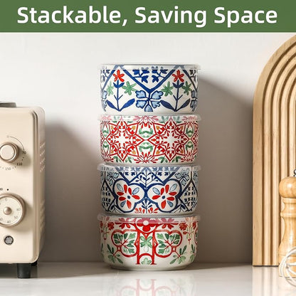 Ceramic Bowl with Lid, Microwave Safe, Set of 4 | Food Storage Containers for Soup, Meal Prep, Cereal, Salad Leftovers - Picnic, Camping, Office Lunch - 20 oz, A-Pattern