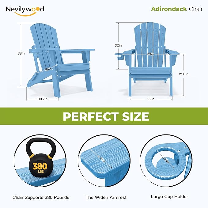 nevilywood Folding Adirondack Chair with Cup Holder,All-Weather Adirondack Chair,Patio Chair,HDPE-Wooden Textured Lawn Chair- Light Blue