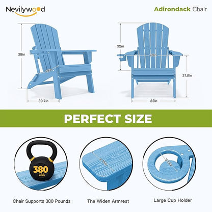 nevilywood Folding Adirondack Chair with Cup Holder,All-Weather Adirondack Chair,Patio Chair,HDPE-Wooden Textured Lawn Chair- Light Blue