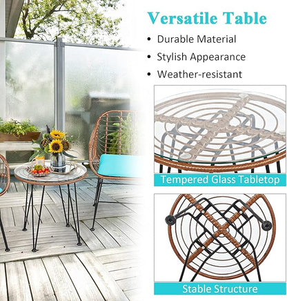 COSTWAY 3 Pieces Patio Bistro Set, Outdoor Rattan Conversation Seating Chair Set with Coffee Table & Soft Cushions, Indoor Wicker Furniture Set for Garden, Balcony, Porch, Pool, Turquoise