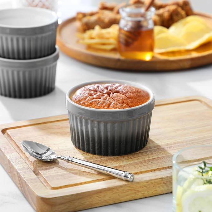 MALACASA Ramekins 8 oz Oven Safe, Large Ceramic Souffle Dishes for Baking & Serving, Stoneware Custard Cups Ramekin for Creme Brulee, Baking Bowls Set of 6, Grey, Series RAMEKIN-DISH