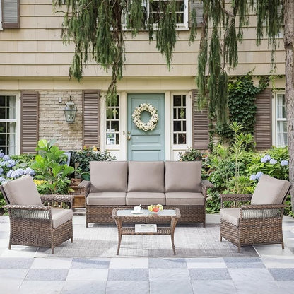 Patio Furniture Set 2 Wicker Patio Chairs 1 Sofa with PE Rattan Coffee Table Brown Wicker Grey Cushions Patio Conversation Set 4pcs for Garden Balcony Sunroom Backyard