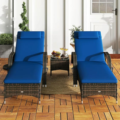 Outsunny Wicker Outdoor Chaise Lounge Chair Set of 3 with Side Table, 5-Level Adjustable Backrest PE Rattan Pool Lounge Chair with Wheels, Cushion & Headrest, Brown and Gray