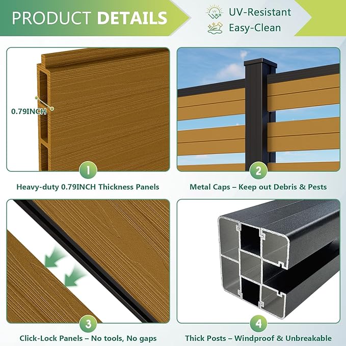 Mondaria Semi-Closed Privacy Fence Panels with 2 Posts for Outside, 6ft(W) x 6ft(H), Wind Resistant Wood Plastic Composite Fencing Panels for Patio, Backyard, Garden and Pool, Yellow Teak