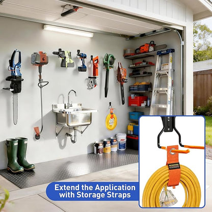 Heavy Duty Garden Power Tool Hanger, Garage Storage Utility Hooks with Storage Straps, Electric Tool Hooks, String Trimmer Hangers, Garden Tool Organizer, Weedeater Rack (2, Orange)