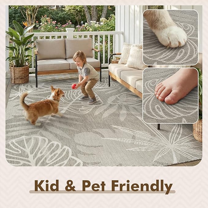 MontVoo-Outdoor Rug-Patio Rug 5x7 ft Polypropylene Indoor Outdoor Rugs Outdoor Carpet for Patio Deck Balcony Porch, Textured Weave, Durable for High Traffic, Fade-Resistant, Tropical Silver Grey