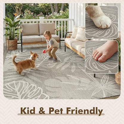 MontVoo-Outdoor Rug-Patio Rug 5x7 ft Polypropylene Indoor Outdoor Rugs Outdoor Carpet for Patio Deck Balcony Porch, Textured Weave, Durable for High Traffic, Fade-Resistant, Tropical Silver Grey