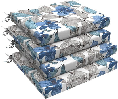 LVTXIII Outdoor Chair Cushions 18.5"x16"x2" Pack of 4, Water-Repellent Square Corner Memory Foam Seat Cushions with Ties for Garden Patio Furniture, Clemens Noir Blue