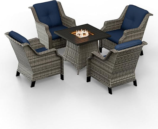3-Piece Wicker Patio Furniture Set, 2 Armchairs and 1 Fire Pit, Conversation Set with Cushions, Blue