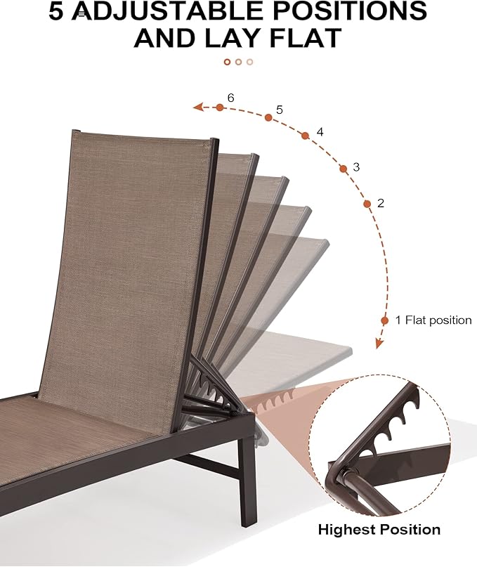 Crestlive Products Lounge Chair Outdoor Set of 2, Aluminum Pool Chaise Lounge Chairs, Adjustable Five-Position Tanning Recliner, All Weather for Patio, Beach, Yard, Pool (Brown)