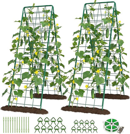 DoCred Cucumber Trellis, 71" H 2 Pack Metal Foldable Upgraded A Frame Garden Trellis for Raised Bed Climbing Plants, Vegetables, Including Plant Support Clips, Twist Ties, Plastic Ties, Green