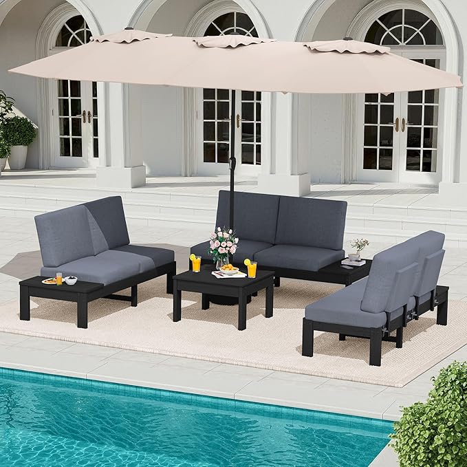 SERWALL HDPE Patio Furniture Set with 15FT Double Side Patio Umbrella, Outdoor Sofa Set, Seats 6, Modular Sectional Couch for Patio, Garden, Backyard, Black Frame with Grey Cushion