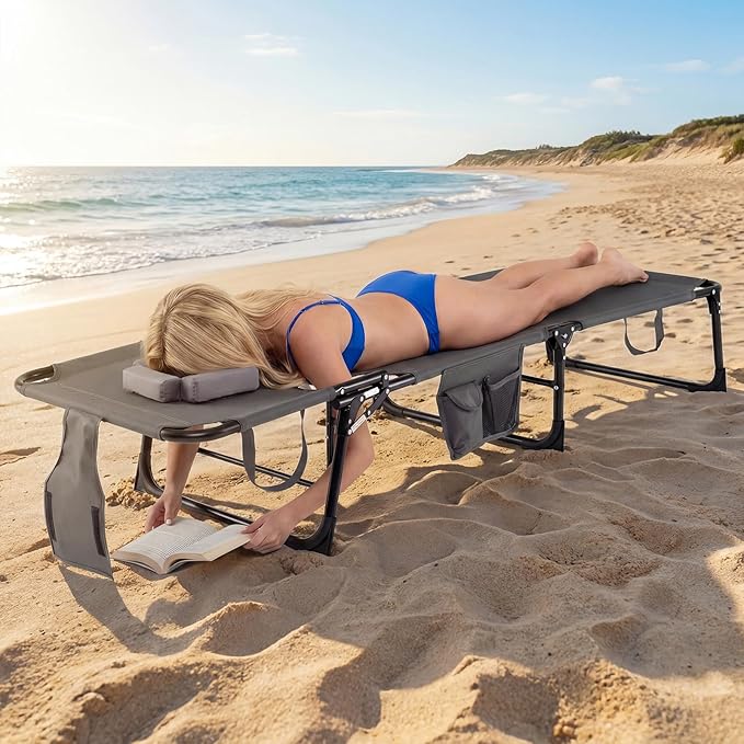 COSTWAY Tanning Chair with Face Hole, Folding Beach Lounge Chair with 4-Position Adjustable Backrest, Pillow & Side Pocket, Foldable Chaise Lounge Chair Outdoor for Sunbathing, Camping (2, Grey)