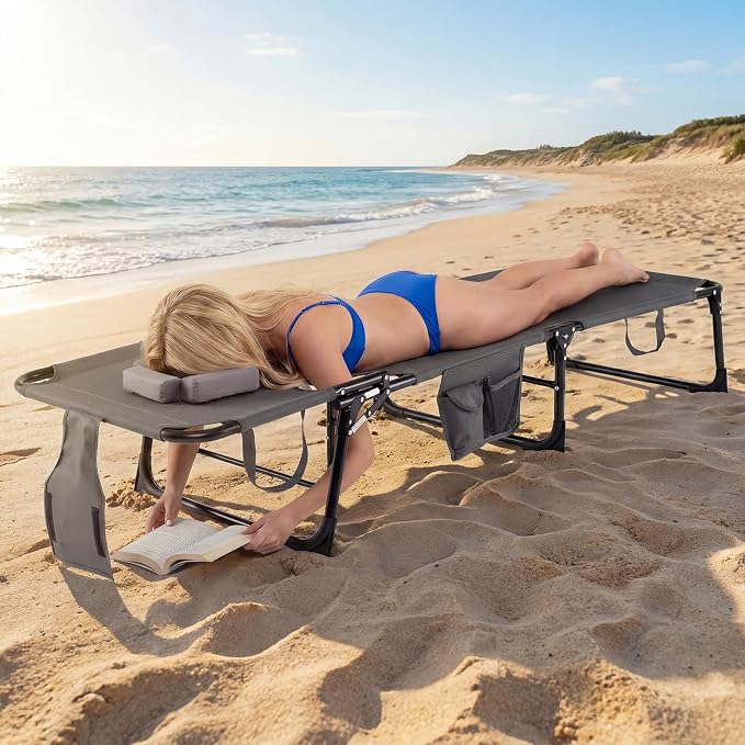 COSTWAY Tanning Chair with Face Hole, Folding Beach Lounge Chair with 4-Position Adjustable Backrest, Pillow & Side Pocket, Foldable Chaise Lounge Chair Outdoor for Sunbathing, Camping (1, Grey)