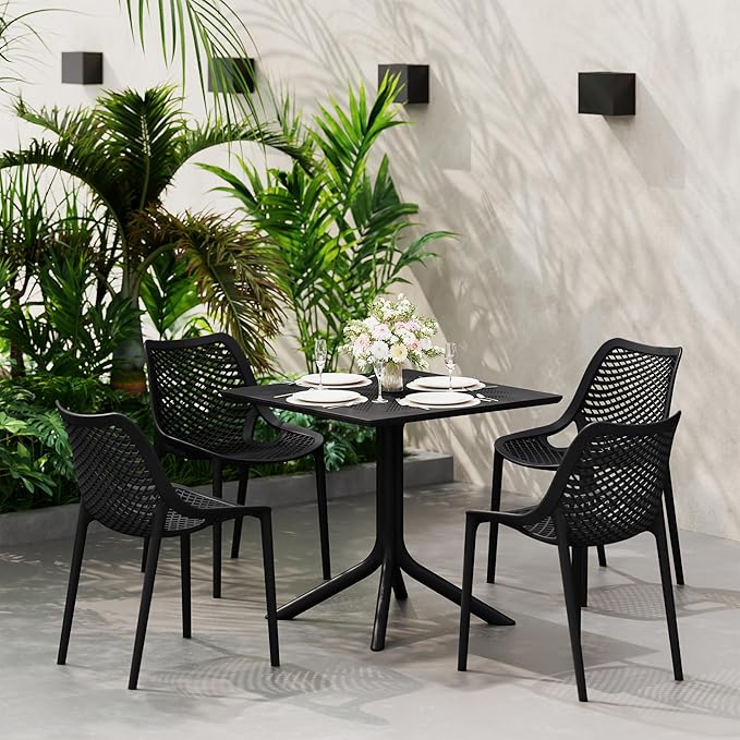 Costaelm Dining Room Chairs Set of 4, HDPE Patio Square Coffee Table and Stackable Chairs, Outdoor Deck Furnitures All Weather for Backyard Poolside, Black