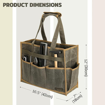 Canvas Large Tool Bag - A Large Main Pocket and 14 Insert Pockets - Durable 16oz Waxed Canvas Tool Case with Handle - 16.5 X 7 X 12 inch | ArmyGreen