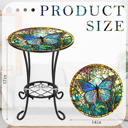 Cinnvoice Outdoor Side Table 2-Tier Round Small Mosaic Patio Accent Indoor End Plant Coffee Tea Table for Yard Patio Porch Garden Living Room, Bedroom(Butterfly Style,14 Inch)