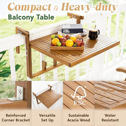 Idzo FSC Acacia Wood Folding Balcony Bar Table for Railings, Adjustable Height & Width, Teak Finish Durable Against Weather, Ideal Spacious Dimension of 27 9/16 x 23 7/16 Inch, Rectangular Design