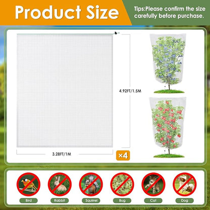 4 Pack Insect Bird Barrier Mesh - Blueberry Bush Netting Cover Insect Bird Netting Tomato Protective Cover with Drawstring Garden Mesh Netting for Vegetables, Fruits, Trees, 3.3Ft x 4.92Ft