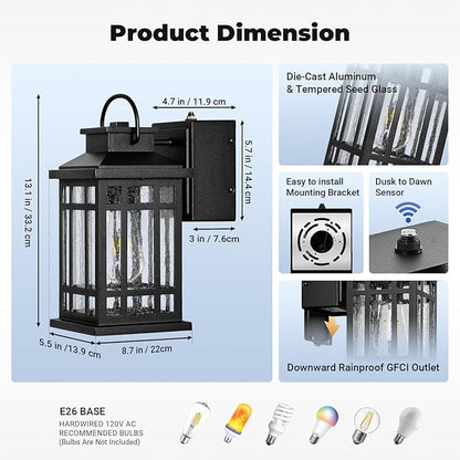 Outdoor Wall Light Fixtures with GFCI Outlet, Black 2-Pack Dusk to Dawn Outside Lighting Fixture, Waterproof Anti-Rust Exterior Lights Fixtures, Porch Light for Front Door, Garage, Backyard