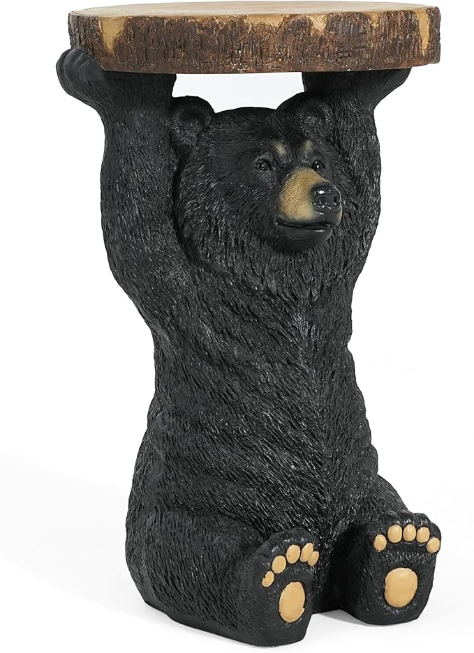 Christopher Knight Home Blitz Bear Outdoor Side Table, MGO Bear Statue with Display Tabletop, Hand Painted Sculpture, Cute Small End Table for Indoor/Outdoor, No Assembly Required, Black + Brown