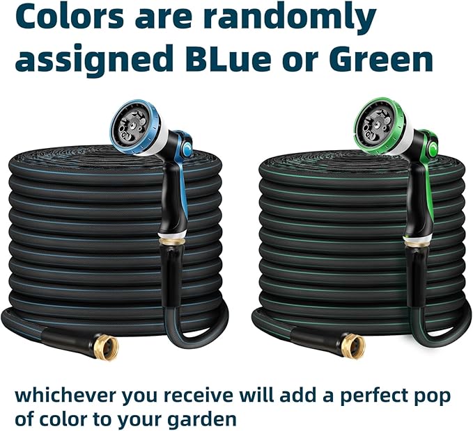 Non-Expanding Garden Hose 100ft – Flexible, Burst-Resistant, Anti-Kink, 10-Function Spray Nozzle, Lightweight & Durable for Outdoor Use(Blue or Green)