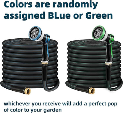 Non-Expanding Garden Hose 100ft – Flexible, Burst-Resistant, Anti-Kink, 10-Function Spray Nozzle, Lightweight & Durable for Outdoor Use(Blue or Green)