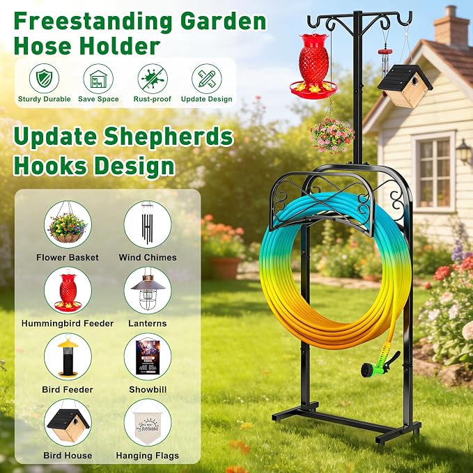 Gtongoko Garden Hose Holder for Outside 70" with 4 Prongs Base & 2 Shepherds Hooks Heavy Duty Freestanding Metal Water Hose Holder Stand Holds Up to 150FT Hose & 44LB Detachable Hose Storage for Yard