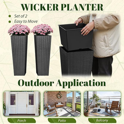 JUMMICO Set of 2 Resin Rattan Tall Planters for Outdoor Plants, Large Tapered Planters with Drainage Holes&Inner Trays, Flower Pots for Garden, Patio, Porch, Backyard (Black, 32'')