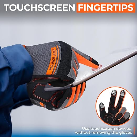 HANDLANDY Work Gloves Mens & Women, Utility Safety Mechanic Working Gloves Touch Screen, Flexible Breathable Yard Work Gloves (Extra Large, Orange)